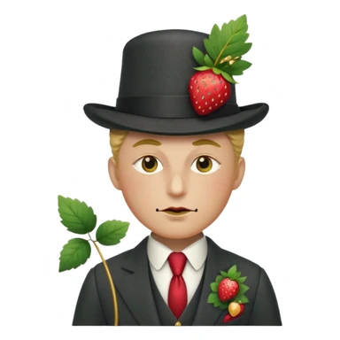 Pretentious cartoon strawberry in a tailored charcoal three‑piece suit, leaf‑cap styled like a pompadour, gold‑stud seeds, sugar‑glass monocle, licorice cane, smug expression; clean vector style, flat shading, cream background, rich crimson/forest‑green palette, 3/4 view, elegant lighting.
 sticker