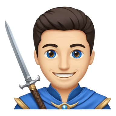 Haz que tenga una sonrisa epica una cicatriz en el ojo serrado y una espada entre los dientes y dos más a cada lado. sticker