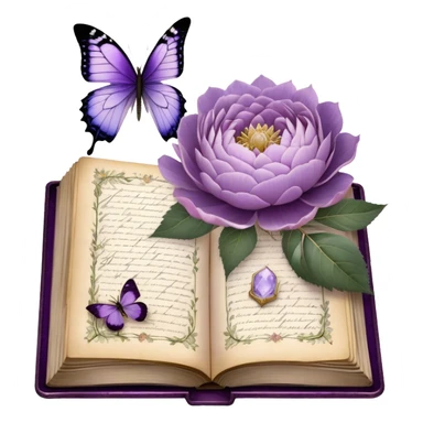 An antique botanical journal with golden-edged pages, filled with meticulously pressed lilac roses, ice violet peonies, and amethyst dahlias, lies open beneath the soft glow of candlelight, its delicate illustrations and handwritten notes whispering stories of forgotten gardens as a pearl butterfly gently perches on its weathered cover. sticker