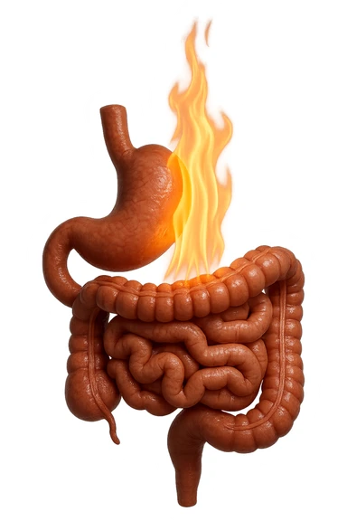 intestino e stomaco sono collegati, con una fiamma che brucia sopra, iperrealistico 4k, non disegnato sticker