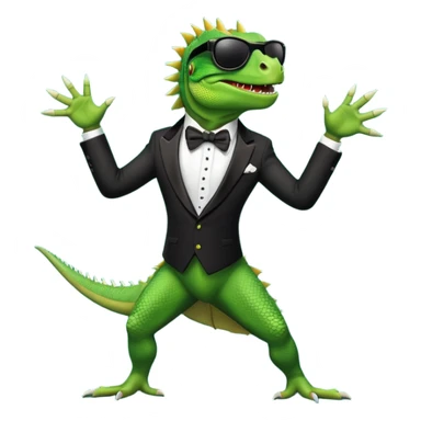capitalist iguana in tuxedo with black sunglasses dancing sticker