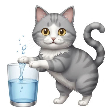 Grey and white cat knocking a cup of water over sticker