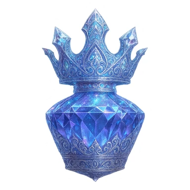 crown-shaped ultra luxurious elixir bottle, color #7986cb, extremely detailed multi-layered holographic and silver filigree, radiant crystal facets, magical glowing and sparkling effects, seamless ornate bottom, very small neck, transparent background, floating clearly in air, not standing, no base or shadow, modern, breathtakingly beautiful, matching a collection sticker