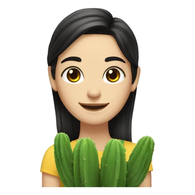 thin tall white woman medium black hair slanted eyes smiling with a cactus and a sunflower on her side sticker