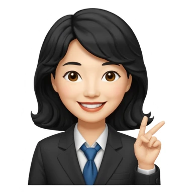 60 yr old asian woman, wavy thick black hair, side part, side swept bang, big smile, business suit sticker