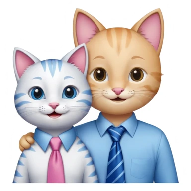 happy girl cat with eyelashes wearing a pink necktie and happy boy cat wearing a blue necktie, standing close together, both smiling sticker
