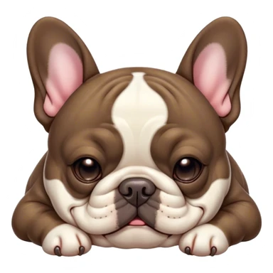 Cinematic Meme-Worthy Chubby Sleeping Brindle French Bulldog Portrait Emoji, Head resting peacefully with a contented smile, showcasing a delightfully chubby build and a luxuriously soft brindle coat with subtle fawn highlights, eyes shut in a serene nap, Simplified yet hilariously adorable features, highly detailed, glowing with a soft, drowsy light, high shine, relaxed and utterly lovable, stylized with an air of playful laziness, bright and heartwarming, soft glowing outline, capturing the essence of a comically sleepy companion, so meme-worthy it feels like it could instantly become the next viral sensation of adorable slumber! sticker