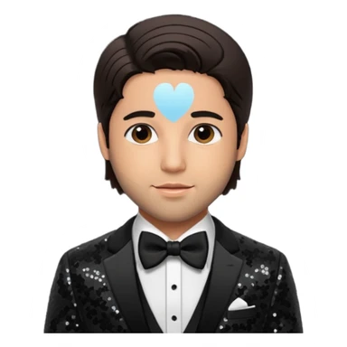 Josh Peck with dark brown hair, black sequin suit with bow tie sticker