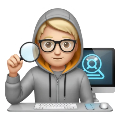A stylized 3D emoji icon of a web developer character, wearing a hoodie and glasses. They are holding a glowing magnifying glass up to a computer screen filled with lines of HTML code and a search bar. sticker
