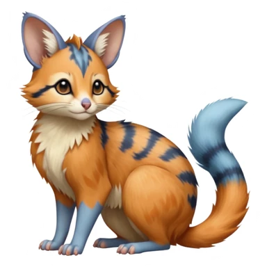 Blue, orange-pointed, soft realistic romantic vintage antique divine beautiful elegant pretty precious cute young youthful  Fakémon-Pokémon-opossum-feline-mouse-serval-caracal-chinchilla-Minccino-Cinccino-Meowstic-rodent-hybrid-creature with a big fluffy bushy tail (full body) sticker