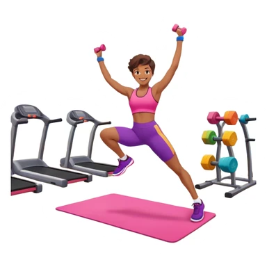 An energetic person performing an aerobics workout in a brightly lit gym, jumping and stretching with enthusiasm. The scene includes vibrant fitness equipment like dumbbells and exercise mats, with a background of cheerful, motivating colors, conveying energy and movement. sticker