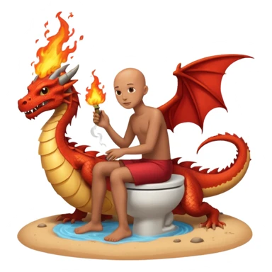 Una persona sin pelo sentada en un vater en una isla de sierta con un dragón escupiendo fuego sticker