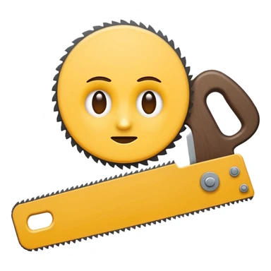 Combine the concept of indecision and a woodworking hand saw. The emoji should clearly show hesitation or uncertainty (e.g. a confused facial expression, or a split decision gesture) integrated with a classic wood saw. Simple, clean emoji style, bold shapes, minimal details sticker