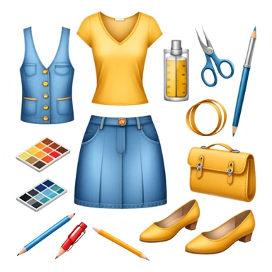 Icon for Fashion Design: sketches of clothing, shoes, and accessories with design tools like a pencil, fabric swatches, and a measuring tape. The icon should represent creativity in fashion design and tailoring. Transparent background. sticker