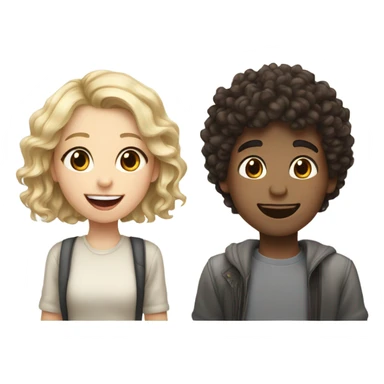 Shorter girl with dark brown curly hair standing next to taller white blond boy smiling with tongue out couple photo sticker