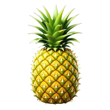 Cinematic Realistic Pineapple Emoji, Tropical and vibrant, with a golden-yellow textured skin and a crown of spiky green leaves on top. The body of the fruit is sharply geometric, its surface rich with natural patterns. Soft glowing outline, capturing the essence of exotic sweetness and tropical flair in a fresh pineapple! sticker