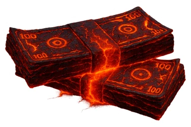 Transform the stack of money into lava money: make the bills appear to be melting and turning into glowing, molten lava with realistic textures and dramatic lighting. Keep the background transparent. The style should reflect a realistic molten lava effect with glowing and melting details. sticker
