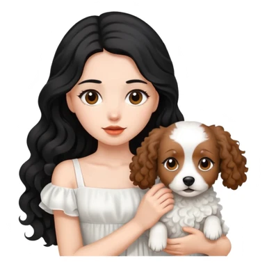 beautiful girl with long black hair in a white dress holding a small brown curly-haired dog sticker