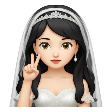 Black-haired bride in a white wedding dress and veil, curious expression, pointing to her head with her index finger, cute emoji style. sticker