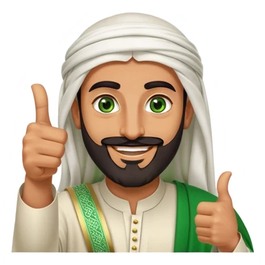 "Tanned Arab Saudi man with green eyes and a beard, wearing an agal and traditional attire, smiling happily and giving a big thumbs-up sticker