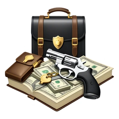 Icon for Action & Crime Reading: open book with text and picture, with a silhouette of a gun, a bag of money, and a police badge on the pages. Surrounding elements include a pair of handcuffs, a briefcase, and scattered bullet casings. Transparent background. sticker