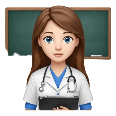 inside a classroom at university, a pretty female nursing student with long brown hair, blue eyes sticker