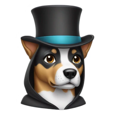 Dog wearing a hoodie and a top hat sticker