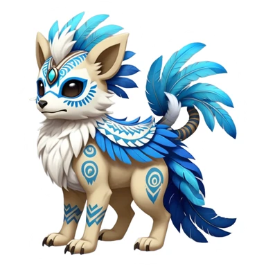Furry cute colorful exotic tribal feral anime-styled Fakémon-Pokémon-animal-creature with a skull mask, and a feather-mane-collar, and blue feathers, no ears, earless, long furry tail, 4 legs, (full body), with intricate pattern-markings sticker