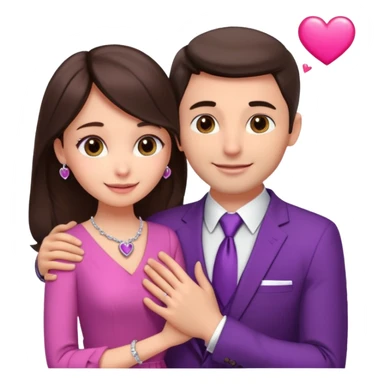 Brunette girl, with an engagement ring on her finger hugging a handsome man, (her boyfriend) both of them happy, she’s wearing a pink dress, he is wearing a suit, he’s also a rich businessman, and there is the 💜 purple heart emoji on top. They look in love with each other sticker