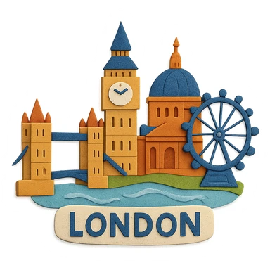 London with layered cut-out buildings and Thames river in paper craft style sticker