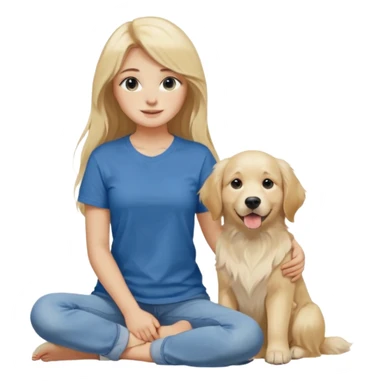 20-year-old dirty blonde woman with long hair and dark blue eyes, sitting beside an English cream golden retriever, relaxed and happy mood sticker