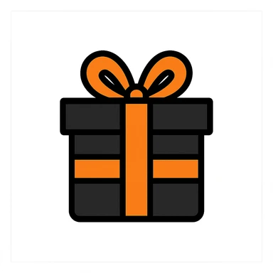 black gift box wrapped with an orange ribbon, simple, clear, icon-like sticker