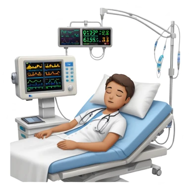 Hospital room with sleep study setup, hospital bed with sleeping patient, doctor in white coat, EEG machine, brain wave monitors, and hospital equipment sticker
