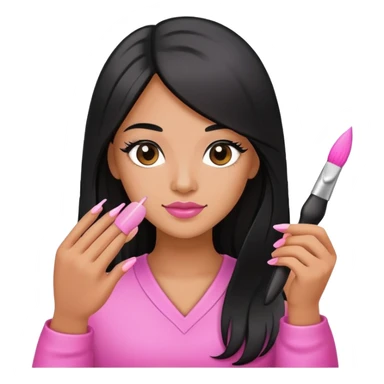 Pink Nail Tech with black long hair holding small acrylic brush sticker