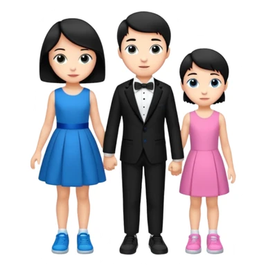 generate a pretty bratz fair skinned boy with short black hair wearing a black tux with blue sneakers .with a girl in a pink dress sticker