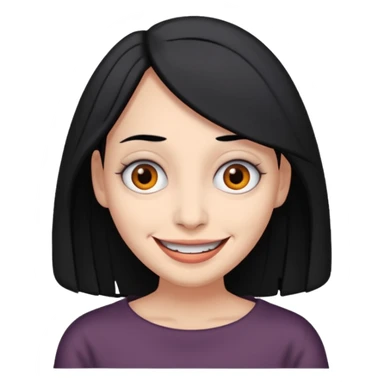 woman with gray skin and black hair and a creepy face with white eyes and a droopy smile sticker