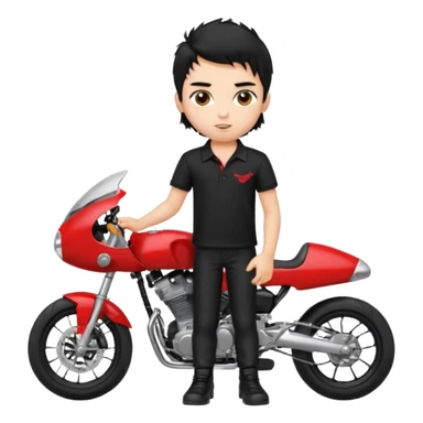 generate a pretty fair bratz boy with a messy mullet (black hair), wearing a BLACK polo.  standing witha superbike sticker
