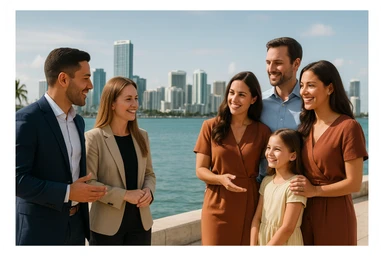 Foto hiper realista que refleje a nuestro cliente ideal de real estate: Profesionales y familias en transición Que desean mudarse a Miami o adquirir una segunda residencia, guiados por un equipo que habla su idioma —literal y figurativamente. sticker
