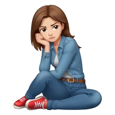 angry woman with brown hair sitting in profile on a floor hugging her knees in jeans avoiding conversation  sticker