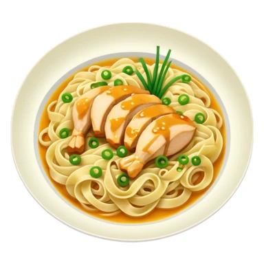 A plate of noodles with yellow sauce and chicken at the top sticker