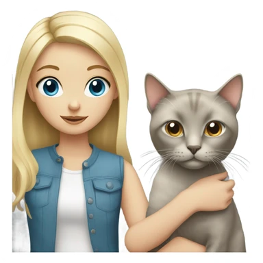 blonde girl with blue eyes holding a grey cat with brown eyes sticker