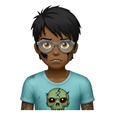 Boy, zombie, black hair, medium long, emo, shaggy, dark, spooky, creepy expression emoji, add transparent glasses, a risk on the eyebrow, some tattos sticker