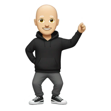 a bald white man, with a black sweater and gray jogging pants and dancing shoes sticker