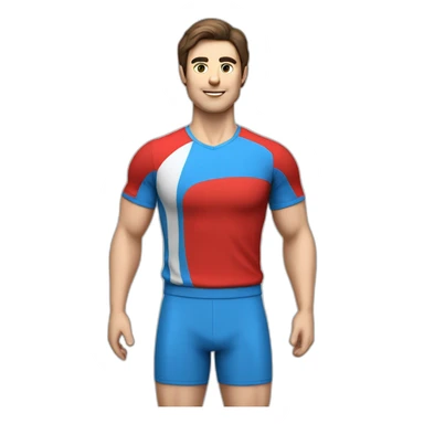 retro 70s blue and red gym clothes for a modern white brunette uni male student with glass sticker