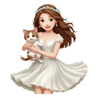 White woman - long hair - white wedding dress - holding a kitten - happy - jumping - fashionable - elegant - bouquet - dreamy - colorful - pearl accessories sticker