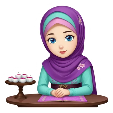 Turkish beautiful finish Konya girl blue eyes with cherry blossom floral purple and mint hijab islamic dress and with yummy Drooling face on the table sticker