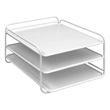 A minimal, clean emoji-style illustration of a white metal desk paper organizer tray, shown in slight isometric view so its structure is readable at a small scale. The organizer is rectangular with rounded corners, made of thin white metal wires, forming two to three stacked horizontal slots. sticker