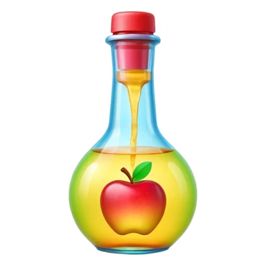 A 3D Apple-style beverage bottle emoji, transparent glass filled with colorful liquid (like soda or juice), shiny surface with light reflections, simple round body with a narrow neck and cap, clean minimal background. sticker