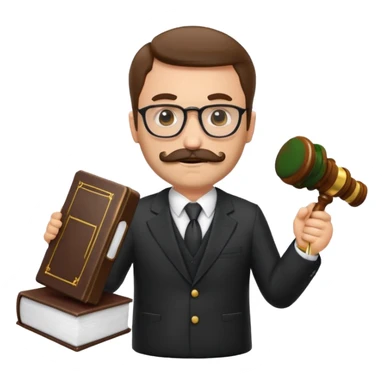 “Create a clean, modern emoji-style illustration of a male lawyer. He is wearing a formal suit jacket. He is holding a judge’s gavel (QUE SE VE DE COSTADO) in one hand and has a law book tucked under his arm. He has a mustache and beard (BARBA)!, and GLASSES sticker