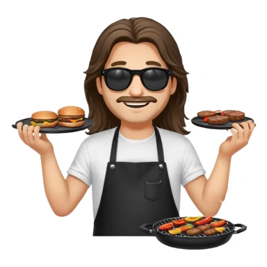 long hair man grilling wearing shade smiling in a white tshirt and a black apron grilling burger and meat on a sizzling grill sticker